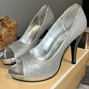 Silver Sparkly Open Toe Heels
